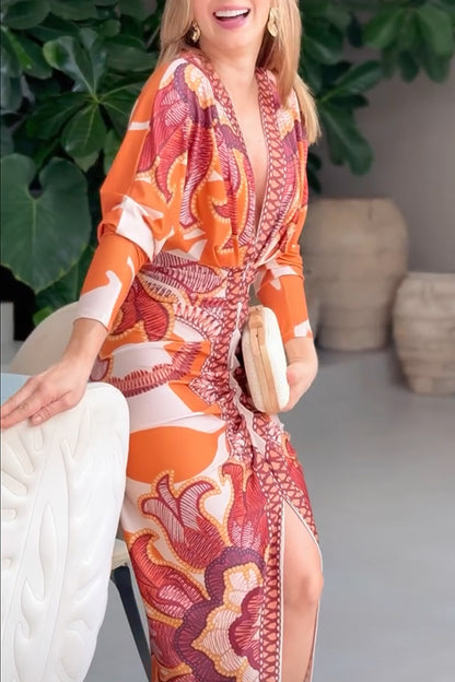 Brazilian Style Unique Print Dolman Long Sleeve Ruched Slit Midi Dress  Vestidos