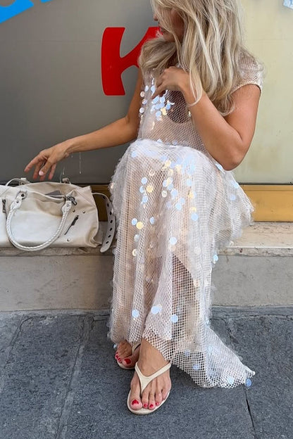 Like Gelato Sheer Large Sequin Short Sleeve Cover-up Maxi Dress