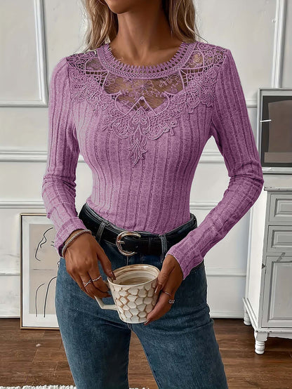 Valentines Grey Round Neck Long Sleeve Cut Out Casual Contrast Lace Blouses