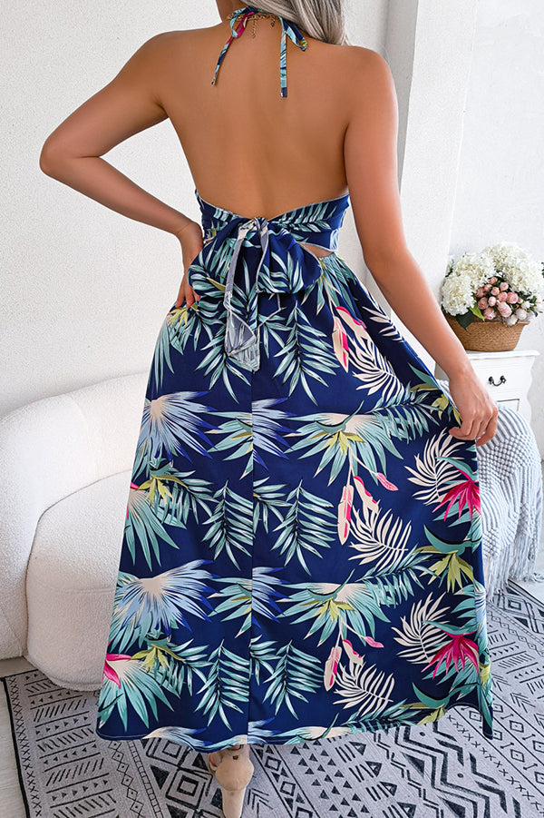 Vestido midi playero con cuello halter y estampado de plantas para vacaciones 