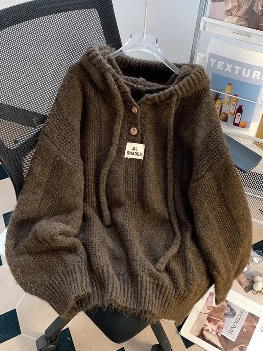 Casual Apricot Knitted Long Sleeve Half Button Drawstring Hooded Sweater