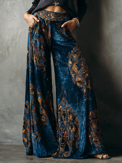 sheenchic Velvet Ethnic Print High Rise Slant Pocket Wide Leg Pants