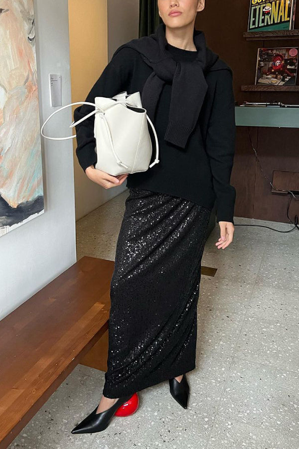 High Waist Sparkle Floor Length Sequin Skirt