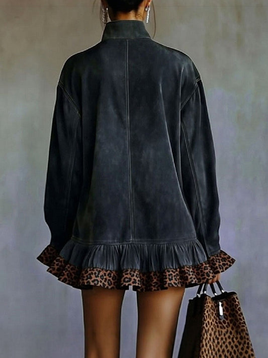 Daily Grey Leopard High Collar Long Sleeve Contrast Vintage Chamois Mini Dresses