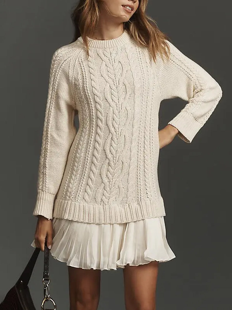 Daily Chiffon Beige Round Neck Long Sleeve Contrast Casual Knitted Mini Dresses