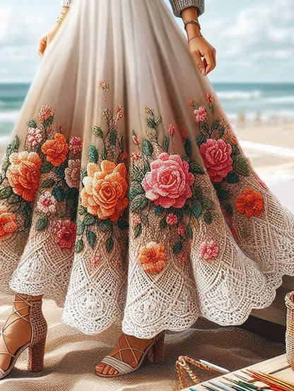 sheenchic Lace Floral Print Pleated Maxi Skirt