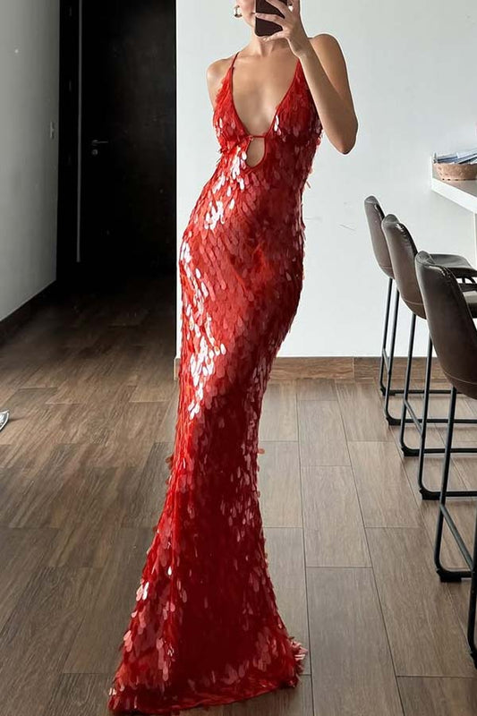 Reshape Beauty Fish Scale Sequin Cutout U-neck Slip Maxi Dress