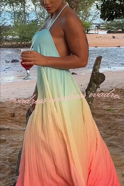 Vestido largo de corte A con espalda descubierta, plisado, estampado degradado y diosa del mar 