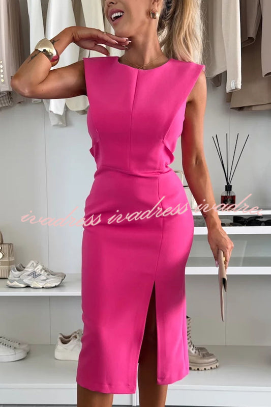 Vestido midi elástico con abertura en la cintura y cuello redondo sin mangas de color liso para dama encantadora 