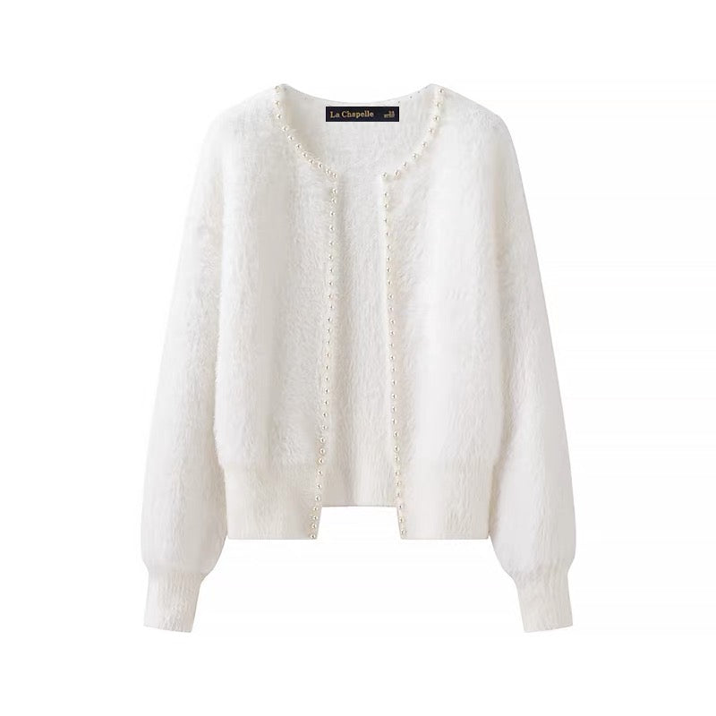 Faux Mink Cardigan | Pearl Trim | Open Front