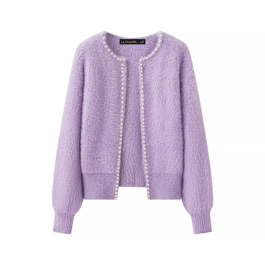 Faux Mink Cardigan | Pearl Trim | Open Front