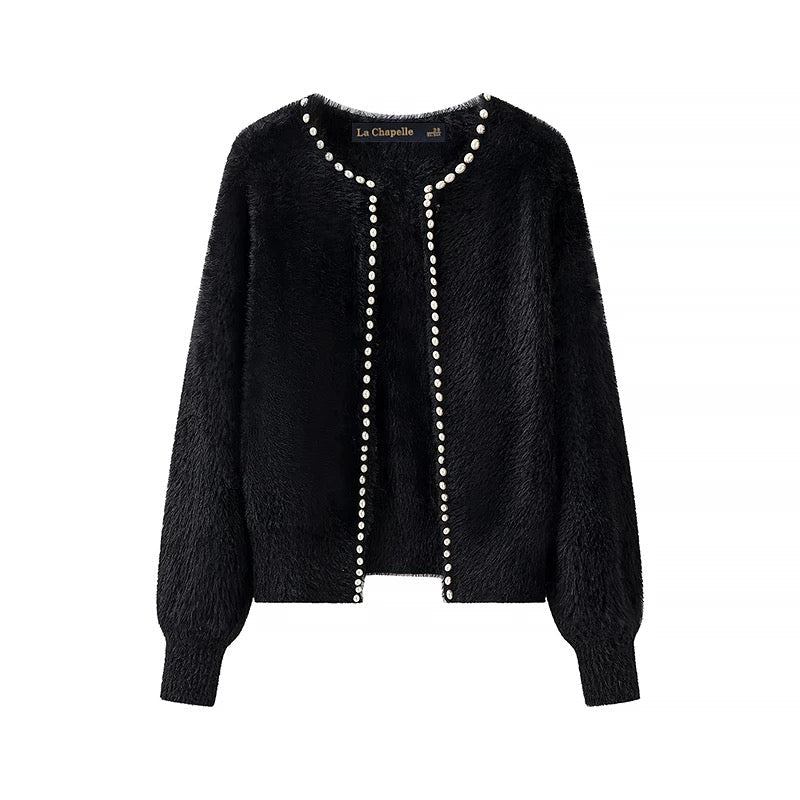 Faux Mink Cardigan | Pearl Trim | Open Front