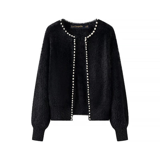Faux Mink Cardigan | Pearl Trim | Open Front