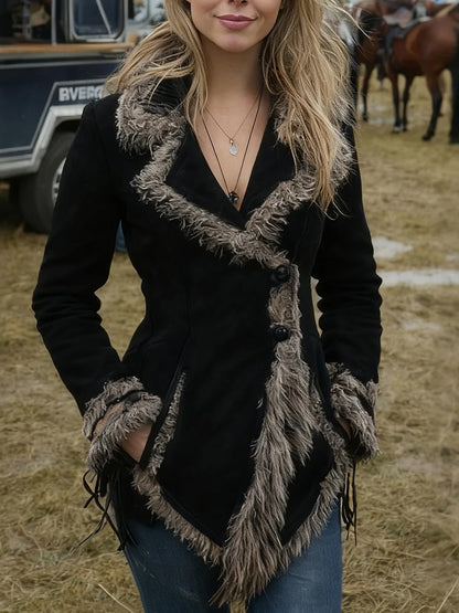 Daily Faux Fur Brown Turndown Collar Long Sleeve Asymmetric Hem Western Pocket Chamois Jacket