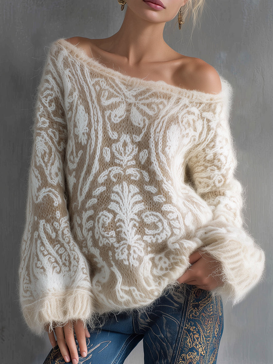 sheenchic Off Shoulder Flare Sleeve Floral Pattern Plush Trim Sweater