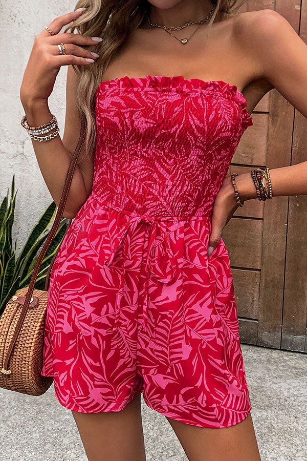 Plant Print Tube Top Lace-up Pleated Casual Rompers