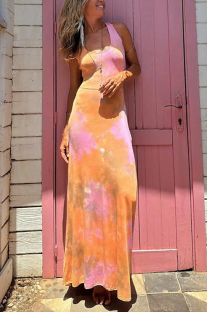 Summer Adventures Tie-dye Print Back Lace-up Stretch Maxi Dress