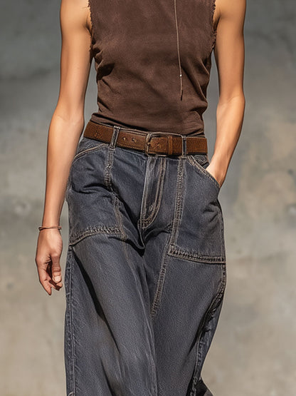 Relaxed Loose Vintage Raw Edge Dark Grey Wide Leg Jeans