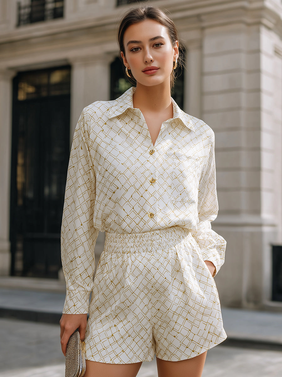 Long Sleeve Printed Shirt And Elastic Waist Shorts Set