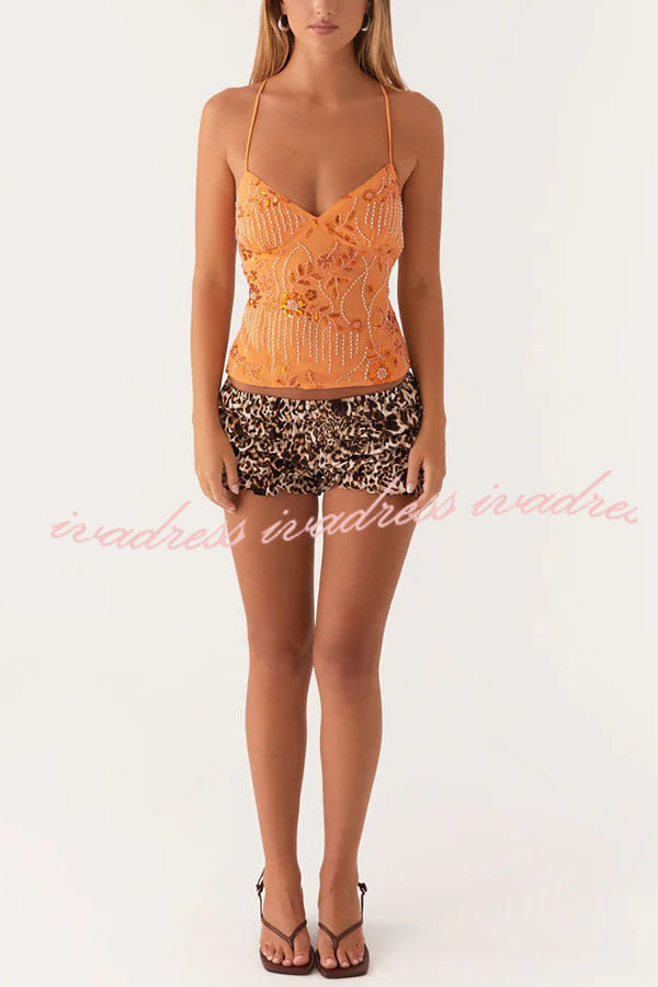 Dazzling Sequin Beaded Material Back Lace-up Loose Tank