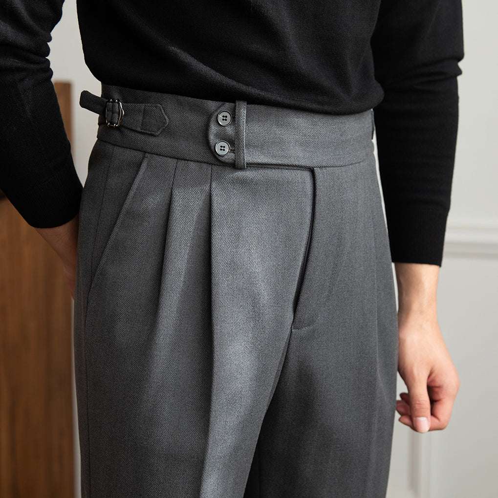 High Waist Pleated Wool Trousers | Herringbone Weave | Straight Fit