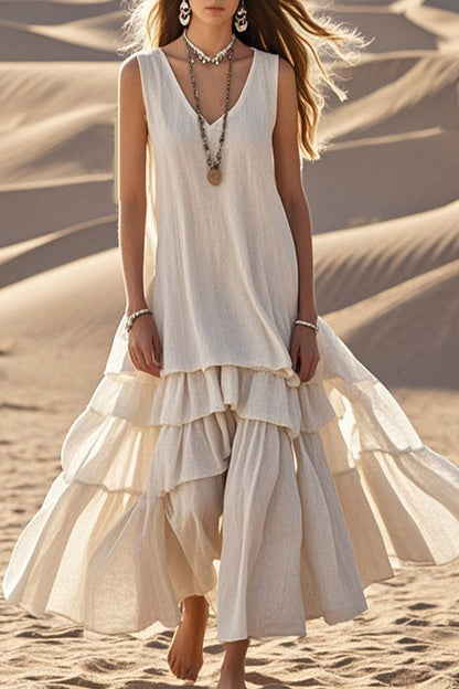 Vestido midi holgado sin mangas con escote en V y dobladillo completo en mezcla de lino 