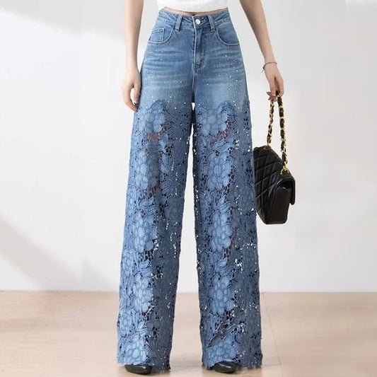 Casual Floral Lace Patchwork Hollow Out Straight Denim Jeans