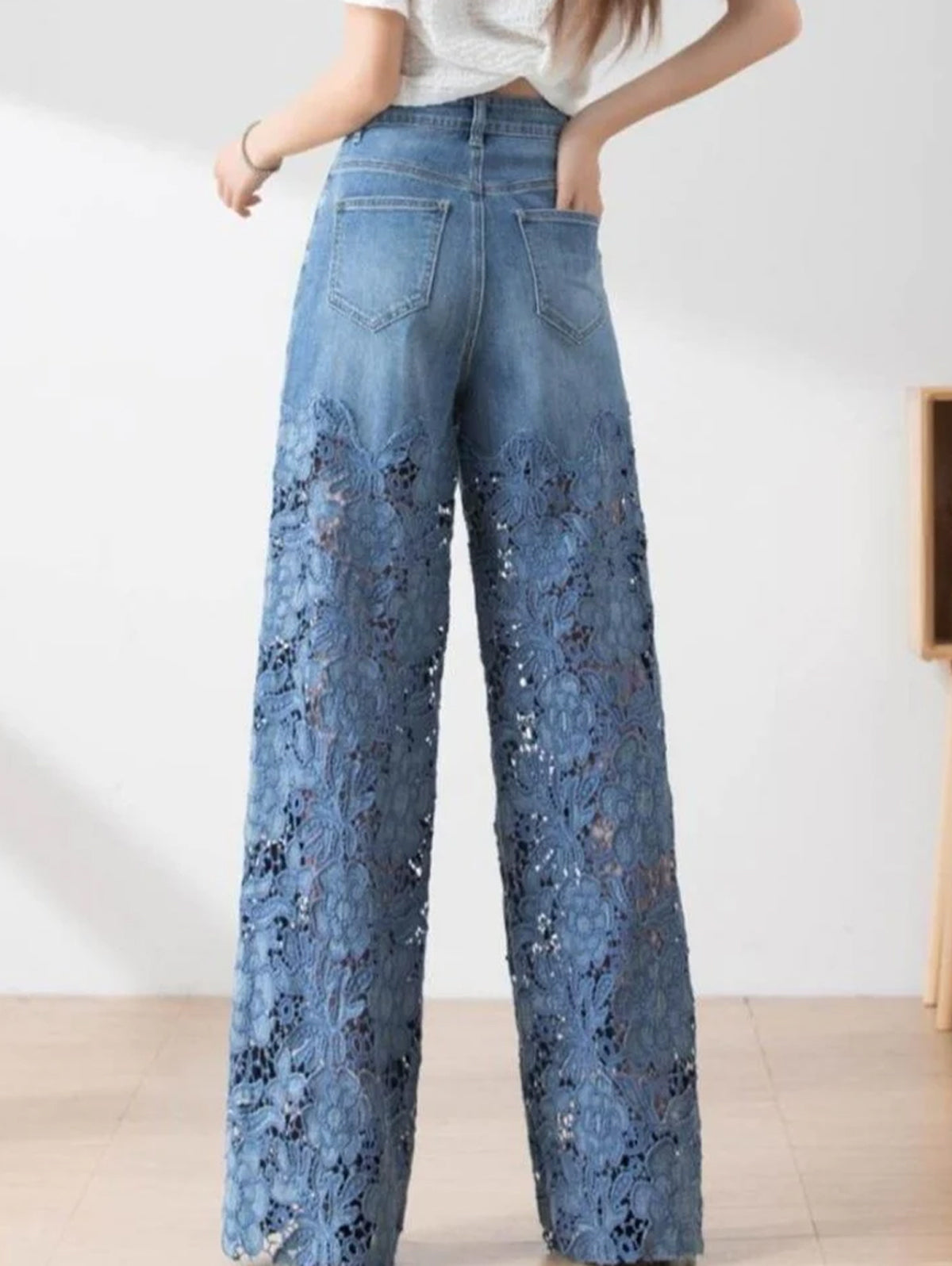 Fashion Rhinestone Denim Lace Patchwork High Waist Straight Leg Jeans