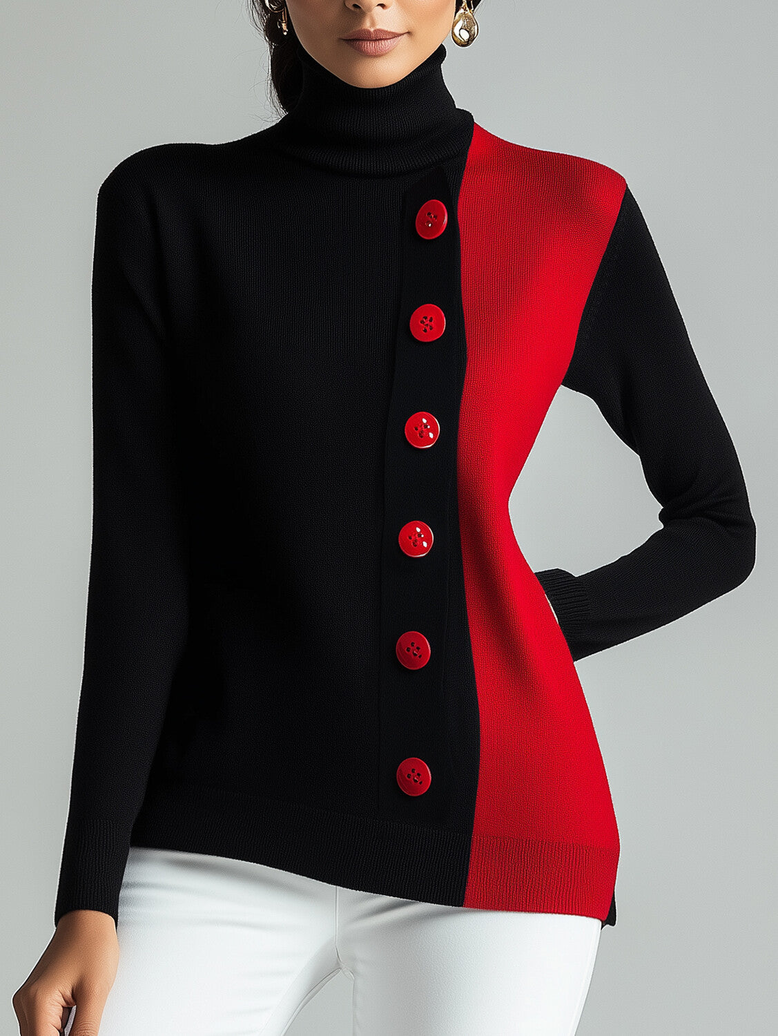 sheenchic Colorblock Button Long Sleeve Turtleneck Sweater