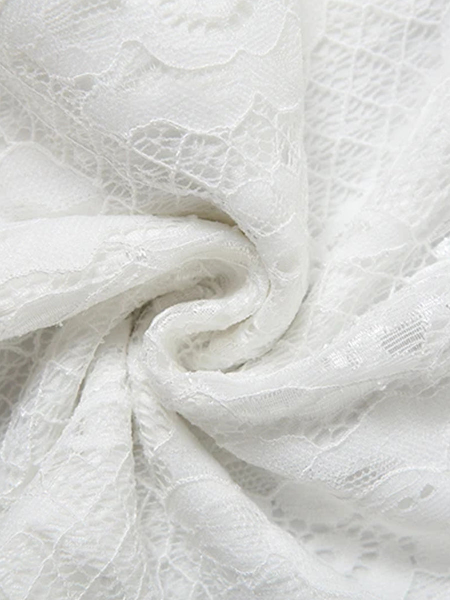 Daily White V Neck Long Sleeve Ruffle Casual Asymmetric Hem Lace Midi Dresses