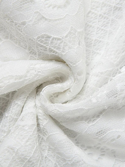 Daily White V Neck Long Sleeve Ruffle Casual Asymmetric Hem Lace Midi Dresses