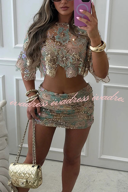 Fashionable Embroidered Flower Sequined Crop Top and Hip-hugging Mini Skirt Set