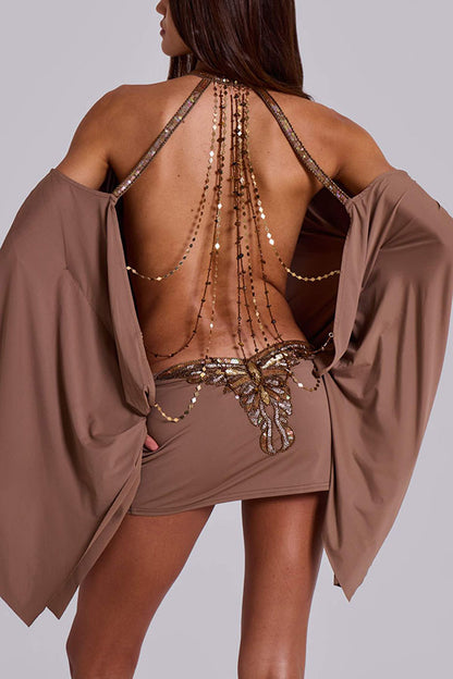 Alula Chain Sequin Embroidered Butterfly Kimono Slit Sleeve Backless Mini Dress