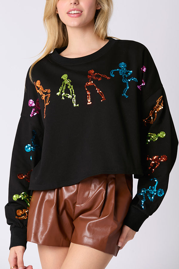 Halloween Skull Sequin Loose Crop Casual Sweatshirt