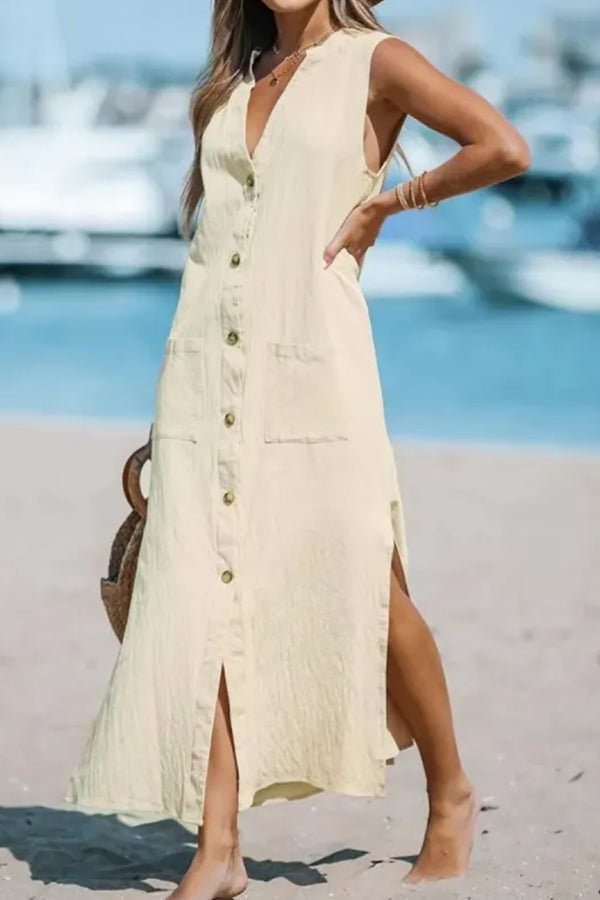 Vestido largo holgado de algodón y lino, sin mangas, liso, con cuello en V