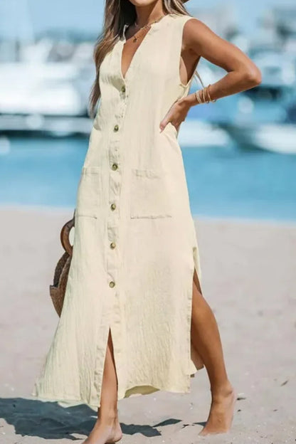 Vestido largo holgado de algodón y lino, sin mangas, liso, con cuello en V