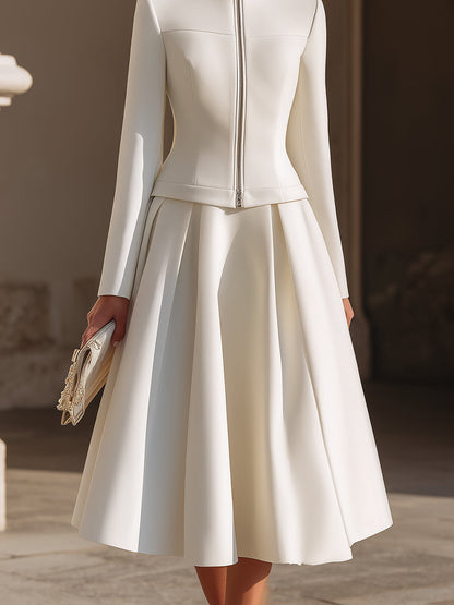 Stand Collar Zip-Up Jacket And Pleated Midi Skirt Set