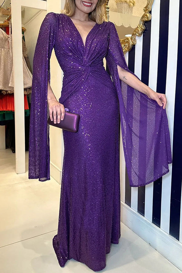Vestido largo de noche con cintura cruzada y mangas estilo capa con lentejuelas más brillantes