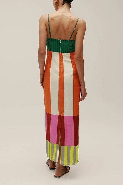 Vestido largo playero de mezcla de lino con bloques de colores únicos 