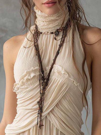 sheenchic Vacation Beige High Collar Ruffled Boho Asymmetric Hem Chiffon Tops [Pre-Order]