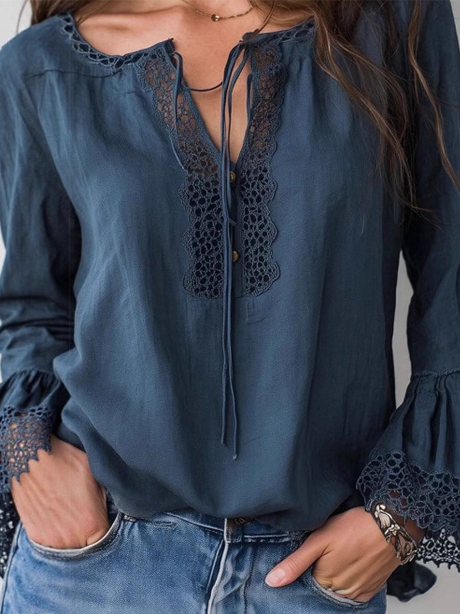 Daily Lace Royal Blue V Neck Long Sleeve Contrast Boho Linen Blouses