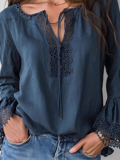 Daily Lace Royal Blue V Neck Long Sleeve Contrast Boho Linen Blouses