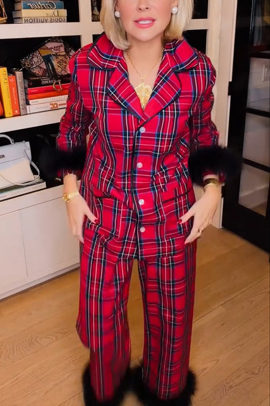 Holiday Time Plaid Contrast Feather Sleeve Pocket Shirt and Elastic Waist Pajama Set