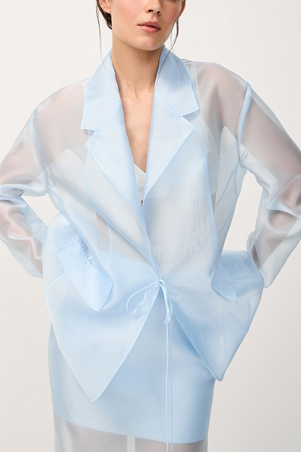 Simple and Light See-through Fabric Tie-up Long Sleeve Pocket Lapel Blazer