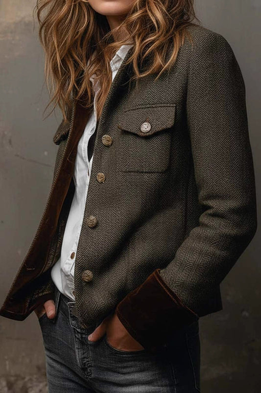 Vintage Herringbone Velvet Trim Casual Long-sleeved Blazer