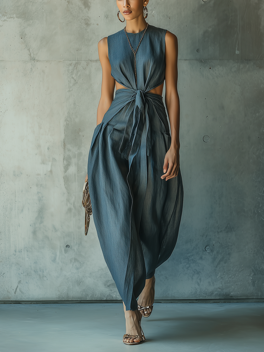 Sleeveless Tie-Front Jumpsuit With Cutout Waist And Draped Silhouette