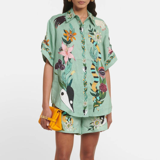 Green Printed Short Slevees Shirt and Shorts Set