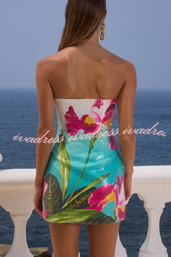 Vestido mini elástico sin tirantes con estampado único de lentejuelas para club de playa 