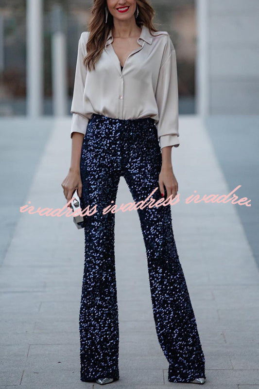 Diva Velvet Sequin High Rise Elastic Waist Flare Pants