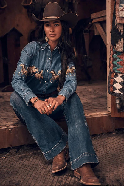 Horses Boyfriend Western Snap Shirt